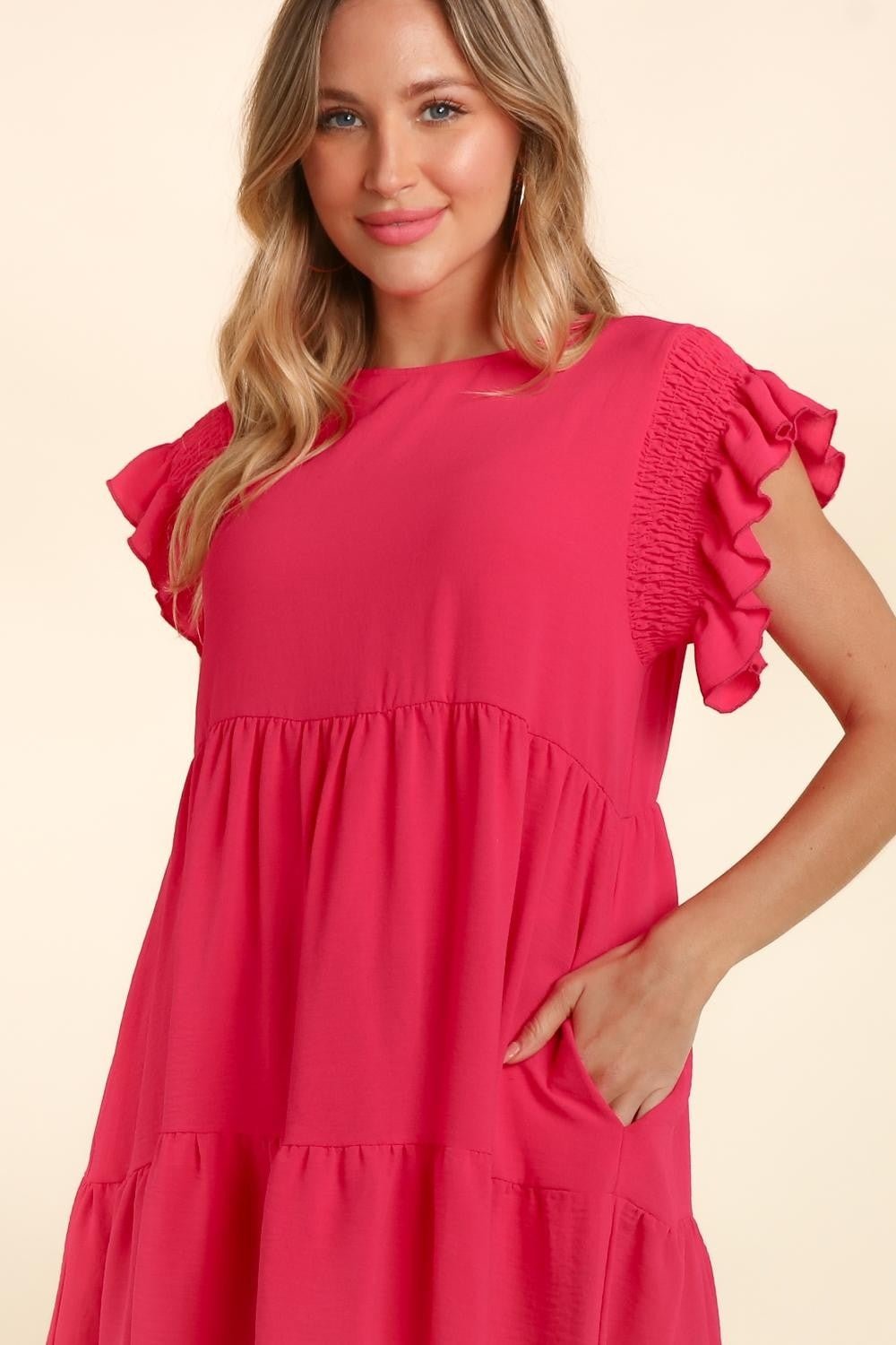 Haptics Full Size Smocking Ruffle Short Sleeve Dress with Pockets - Cowtown Bling N Things