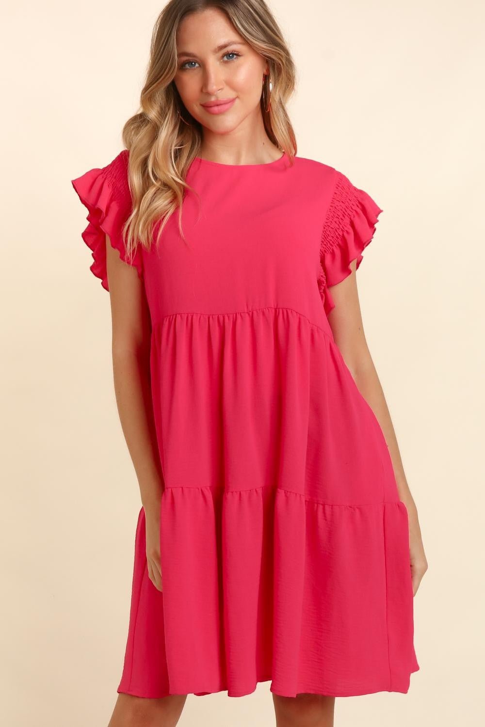 Haptics Full Size Smocking Ruffle Short Sleeve Dress with Pockets - Cowtown Bling N Things