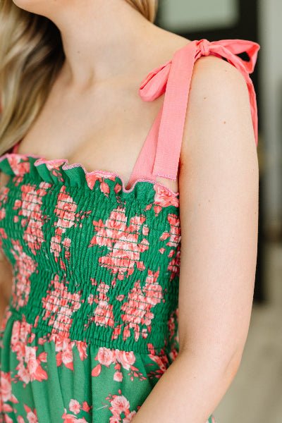Haptics Low Effort, High Impact Tiered Dress in Green/Coral - Cowtown Bling N Things
