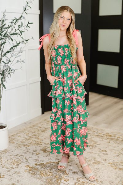 Haptics Low Effort, High Impact Tiered Dress in Green/Coral - Cowtown Bling N Things