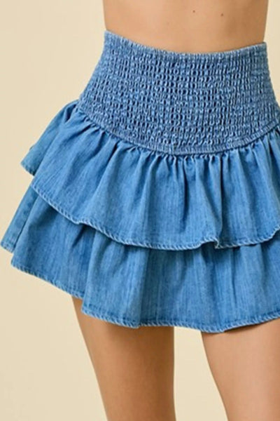 Layered Ruffle Smocked Waist Denim Skirt - Cowtown Bling N Things