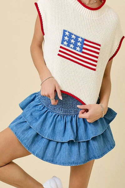 Layered Ruffle Smocked Waist Denim Skirt - Cowtown Bling N Things