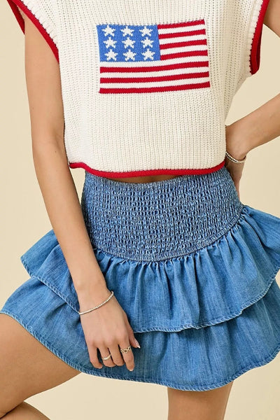 Layered Ruffle Smocked Waist Denim Skirt - Cowtown Bling N Things