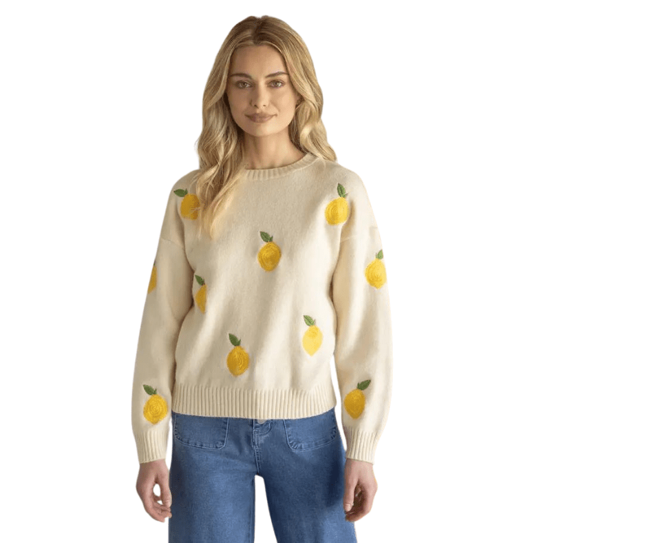 Lemon Embroidered Sweater Top - Cowtown Bling N Things