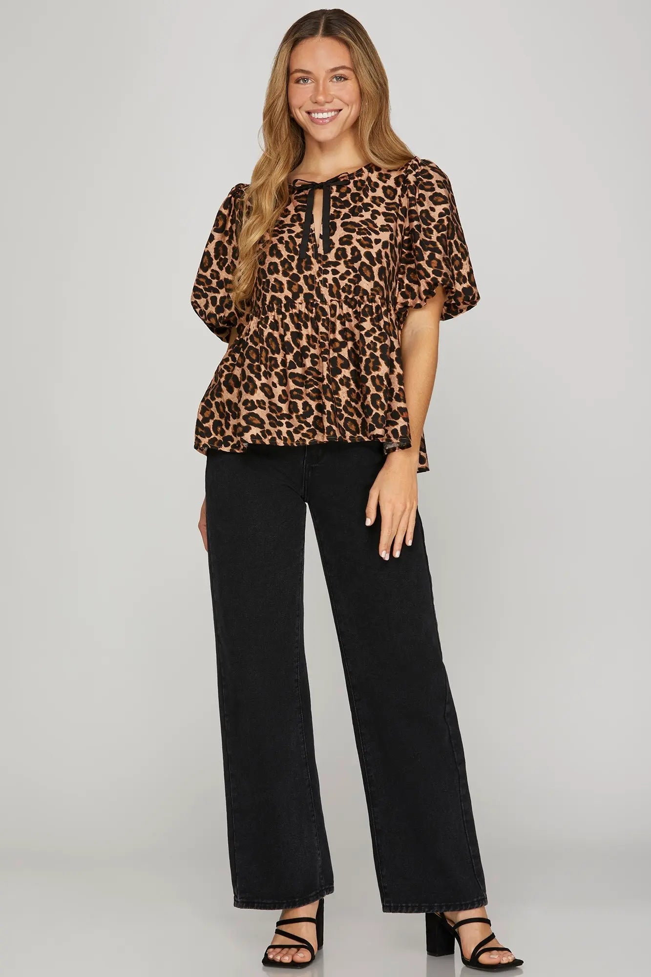 Leopard Print Puff Sleeve Babydoll Top – Bow Tie Front | Cowtown Bling N Things - Cowtown Bling N Things
