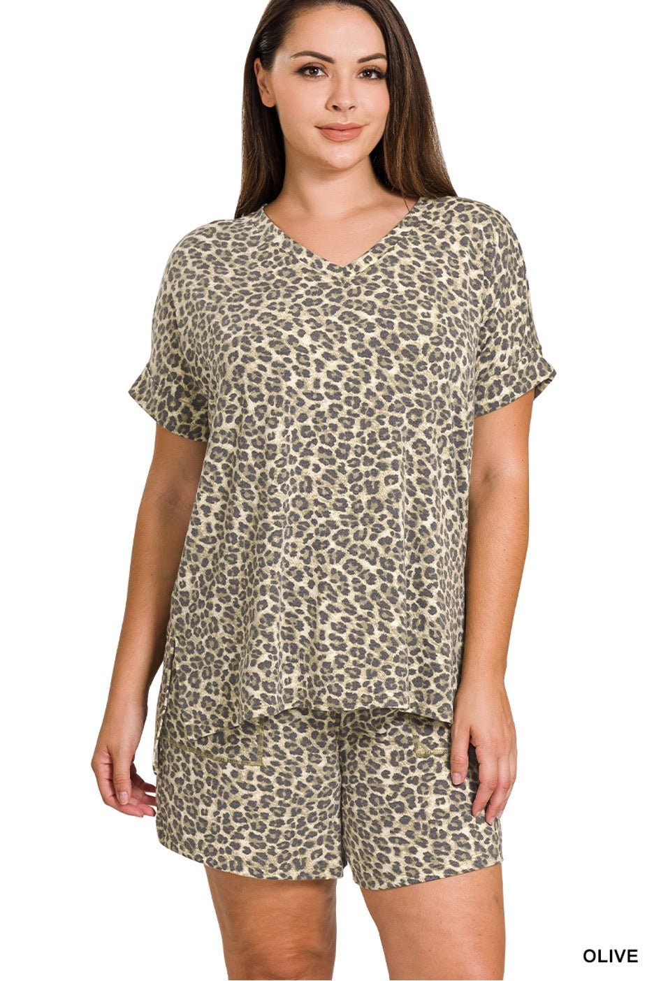 Leopard Print V - Neck Top & Drawstring Shorts Lounge Set - Cowtown Bling N Things