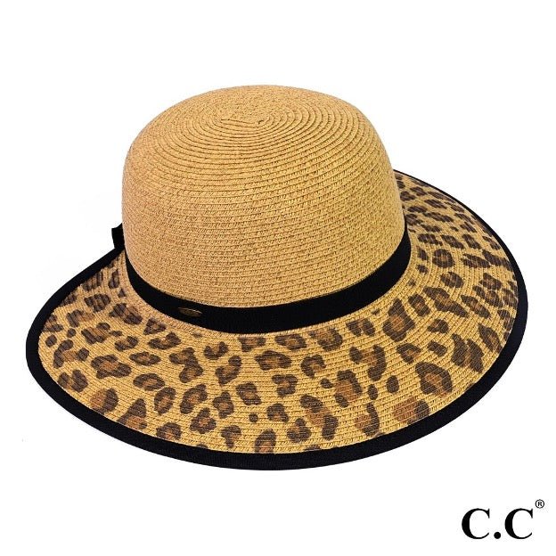 Leopard Printed Wide Brim Straw Sun Hat - Cowtown Bling N Things