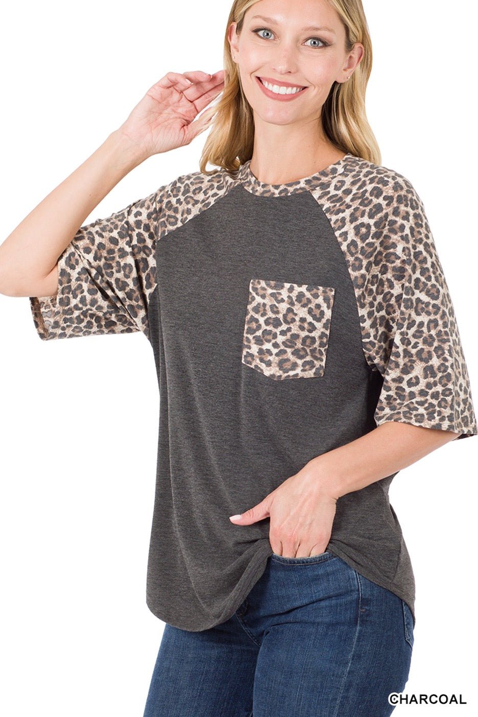 Leopard Raglan Sleeve Patch Pocket Top - Cowtown Bling N Things