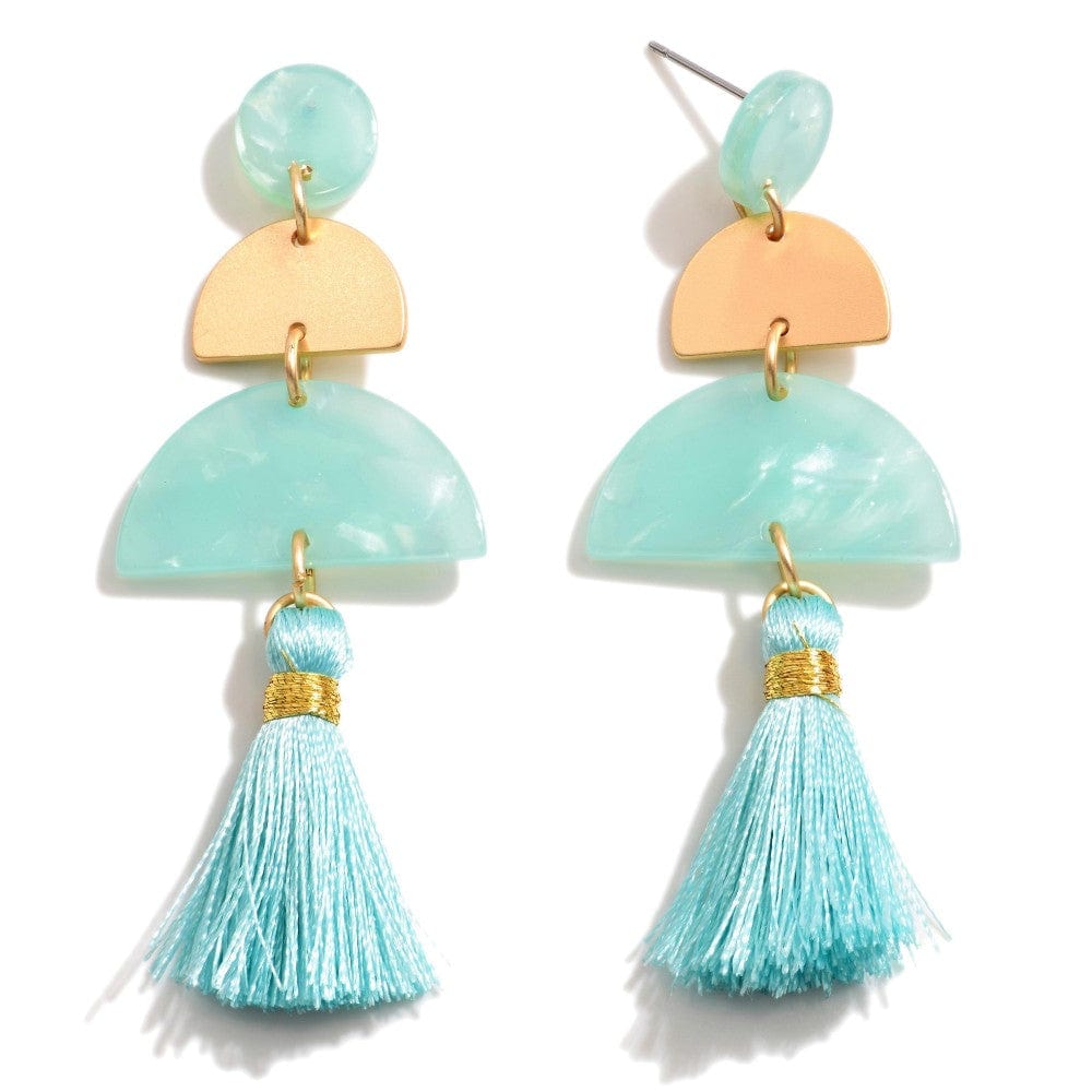 Linked Acetate and Gold Tone Half - Disk Drop Earrings Featuring Tassel Accents - Cowtown Bling N Things