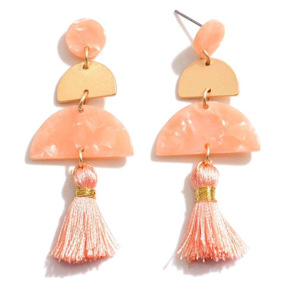 Linked Acetate and Gold Tone Half - Disk Drop Earrings Featuring Tassel Accents - Cowtown Bling N Things