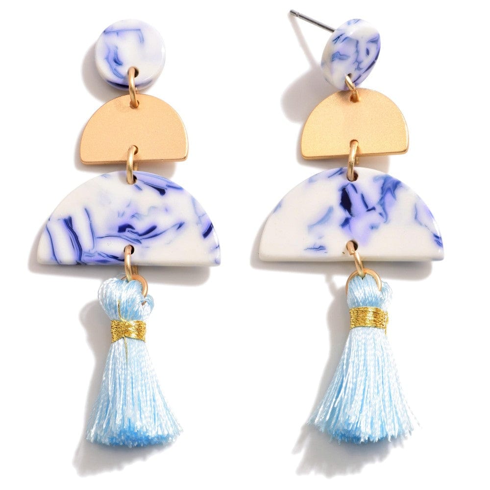 Linked Acetate and Gold Tone Half - Disk Drop Earrings Featuring Tassel Accents - Cowtown Bling N Things