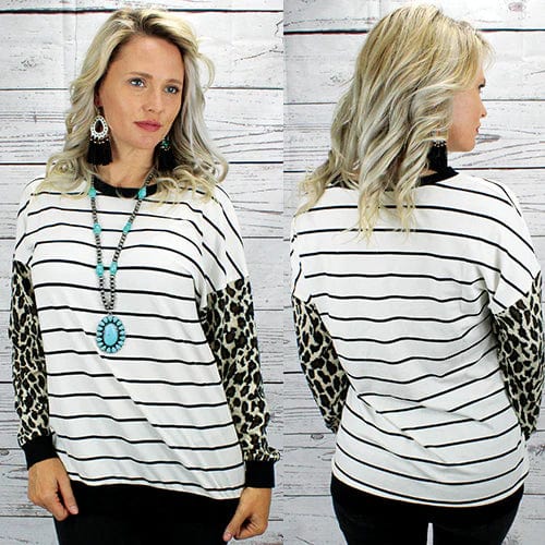Long Sleeve Stripe Top With Leopard Sleeves - Cowtown Bling N Things