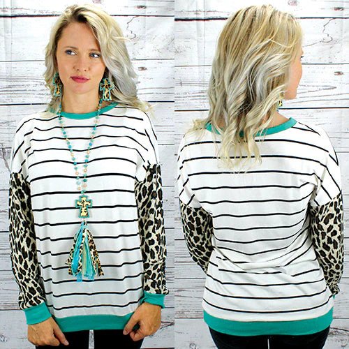 Long Sleeve Stripe Top With Leopard Sleeves - Cowtown Bling N Things