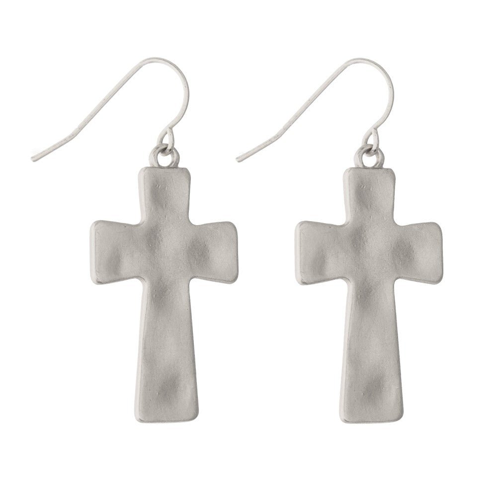 Matte Silver Hammered Cross Drop Earrings. - Cowtown Bling N Things