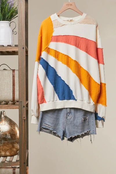 Mello Mixed Fabric Sun Patchwork Sweatshirt - Cowtown Bling N Things