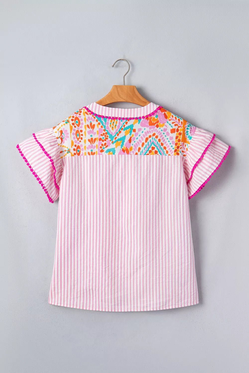Mixed Print Contrast Trim Striped Patchwork Tiered Short Sleeve Blouse - Cowtown Bling N Things