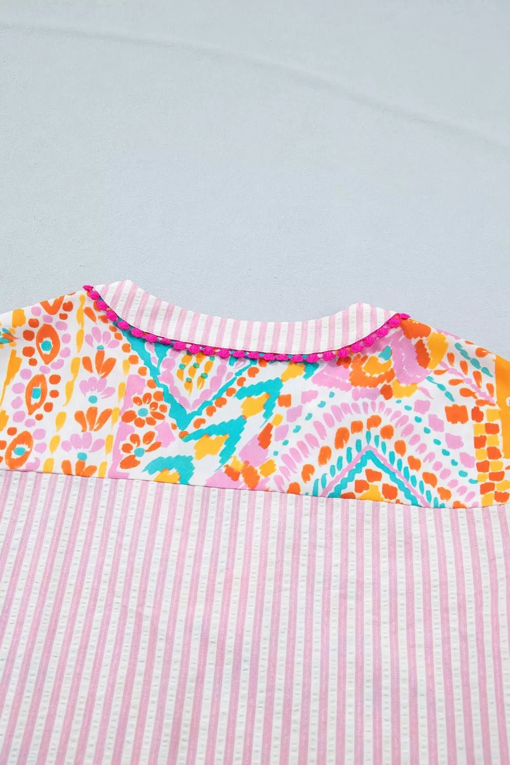 Mixed Print Contrast Trim Striped Patchwork Tiered Short Sleeve Blouse - Cowtown Bling N Things