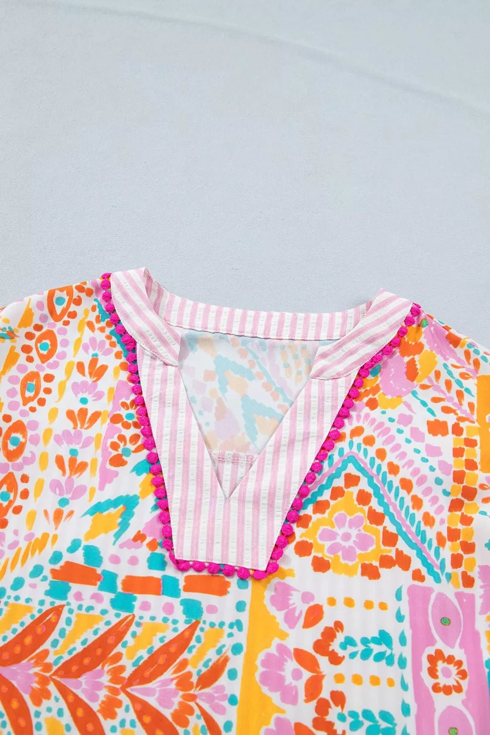 Mixed Print Contrast Trim Striped Patchwork Tiered Short Sleeve Blouse - Cowtown Bling N Things