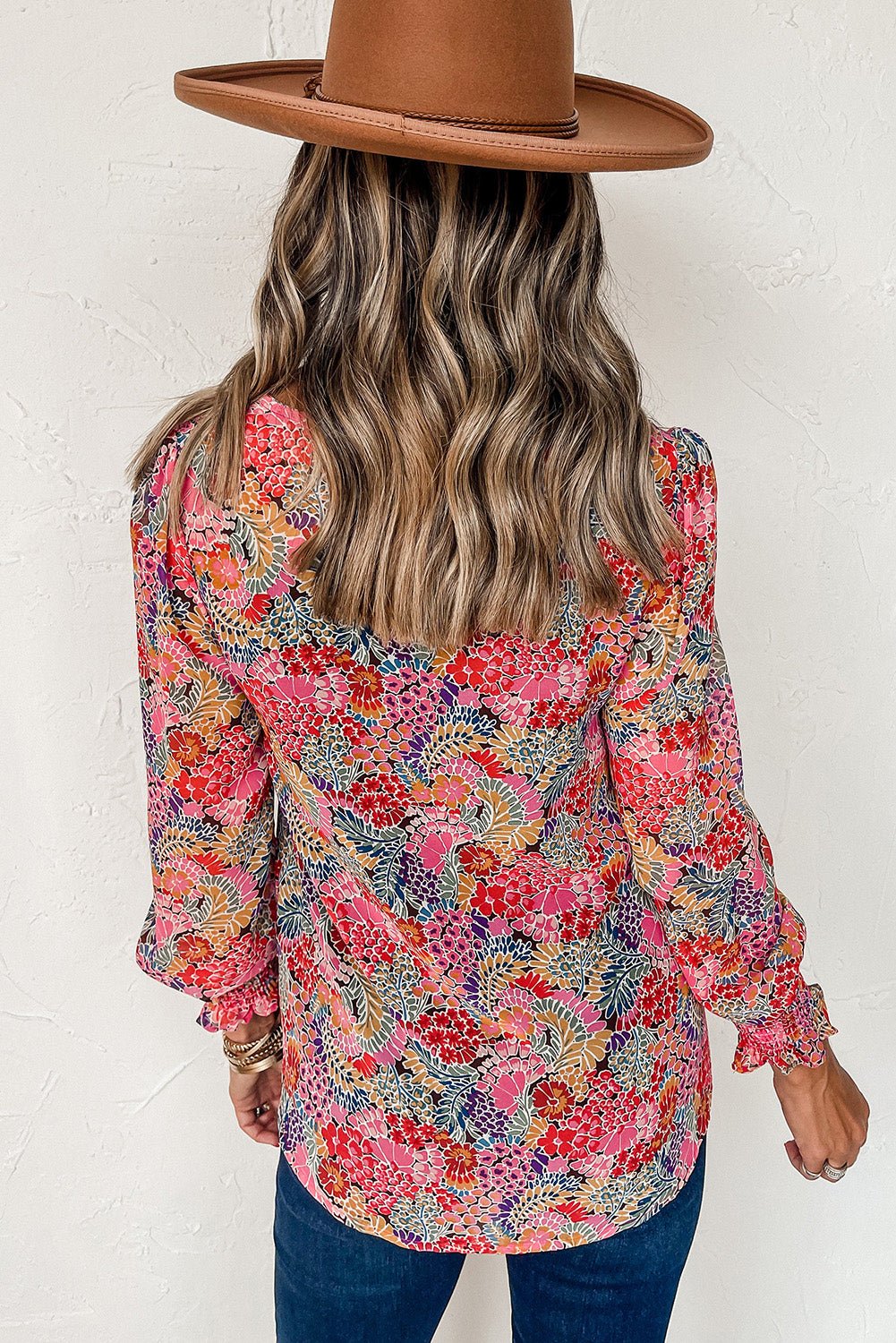 Multicolor Floral Print Smocked Cuffs Long Sleeve Blouse - Cowtown Bling N Things