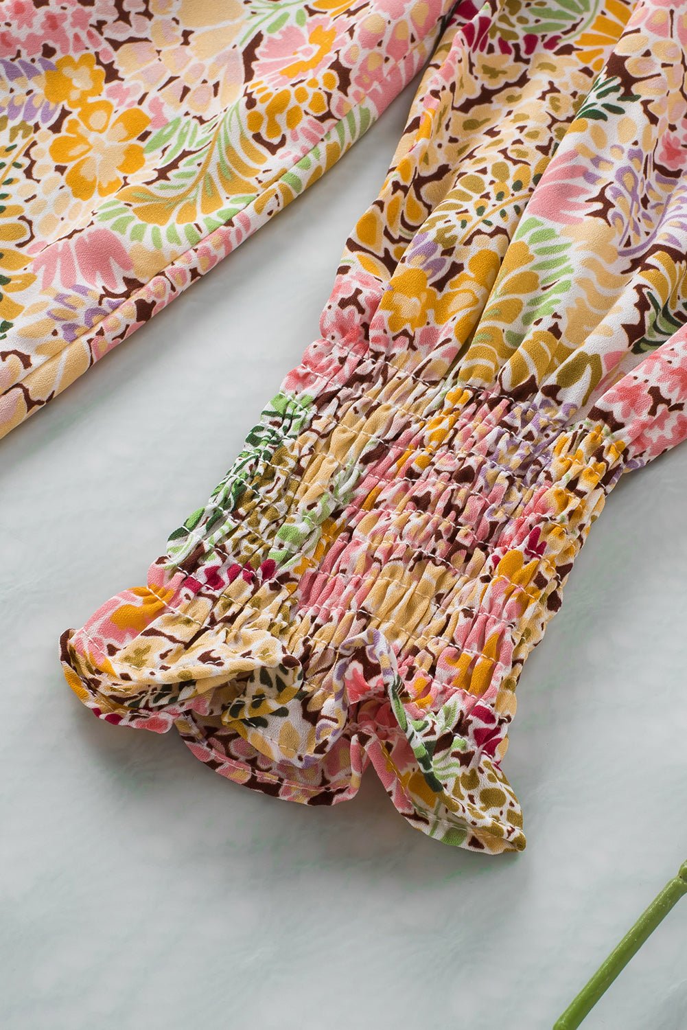 Multicolor Floral Print Smocked Cuffs Long Sleeve Blouse - Cowtown Bling N Things