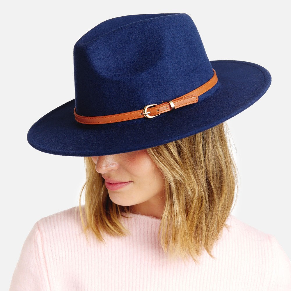 Felt Wide Brim Hat With Simple Leather Buckle Band - Cowtown Bling N Things