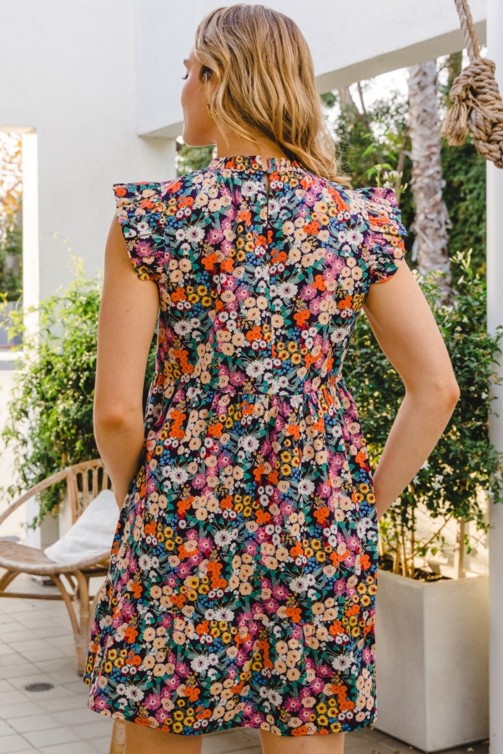 ODDI Full Size Floral Ruffled Cap Sleeve Mini Dress - Cowtown Bling N Things