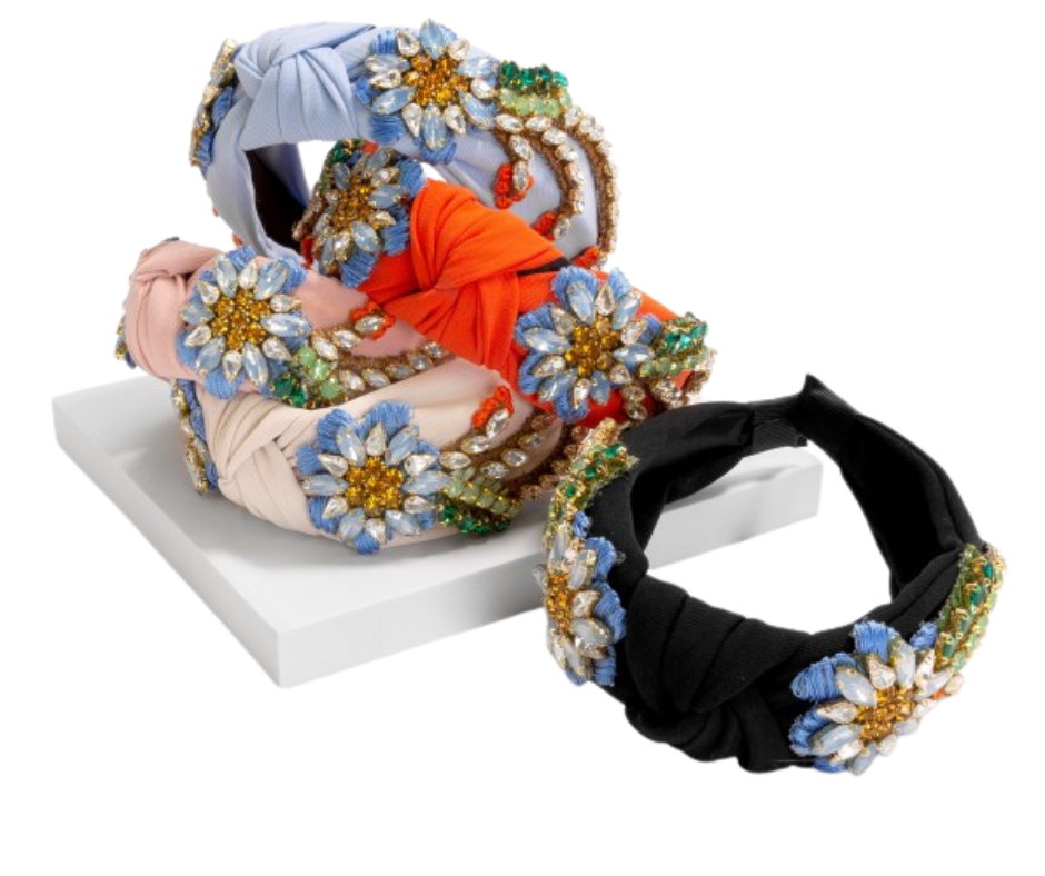 Statement Knotted Headband Featuring Stitched Rhinestone Studded Flowers - Cowtown Bling N Things