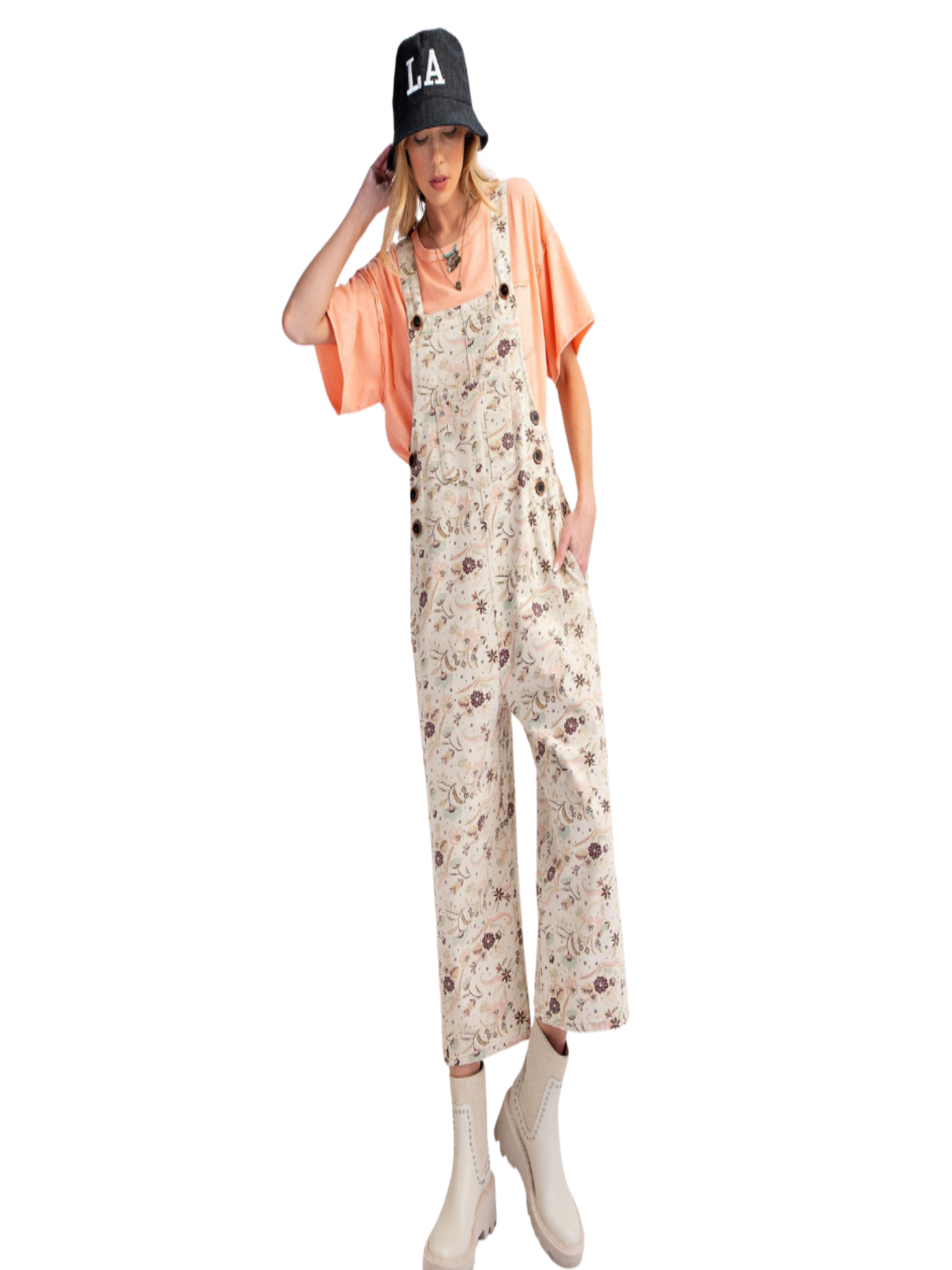 Easel Printed Washed Twill Jumpsuit Overalls