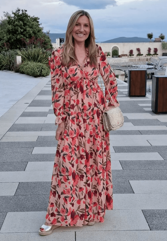 Pastel Red Floral Print Ruffle Trim Plunge Neckline Maxi Dress - Cowtown Bling N Things