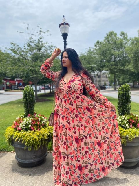 Pastel Red Floral Print Ruffle Trim Plunge Neckline Maxi Dress - Cowtown Bling N Things