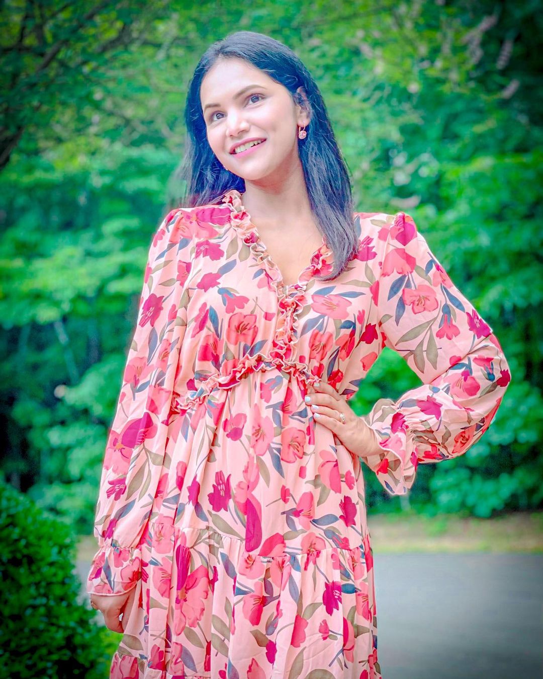 Pastel Red Floral Print Ruffle Trim Plunge Neckline Maxi Dress - Cowtown Bling N Things