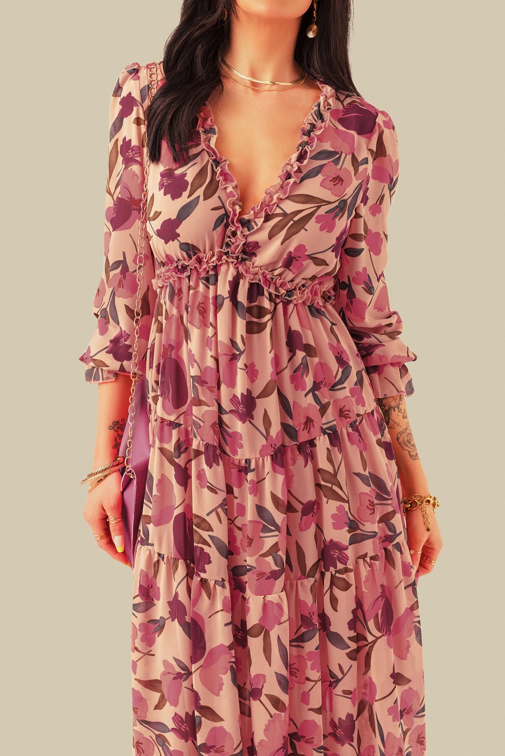 Pastel Red Floral Print Ruffle Trim Plunge Neckline Maxi Dress - Cowtown Bling N Things