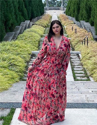 Pastel Red Floral Print Ruffle Trim Plunge Neckline Maxi Dress - Cowtown Bling N Things