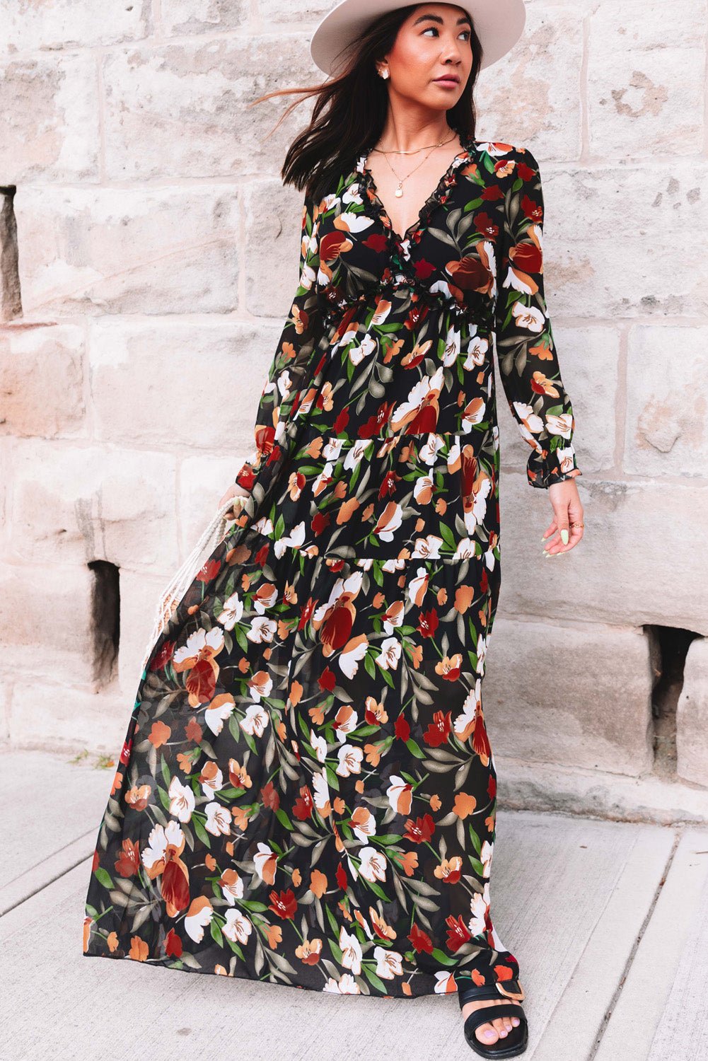 Pastel Red Floral Print Ruffle Trim Plunge Neckline Maxi Dress - Cowtown Bling N Things