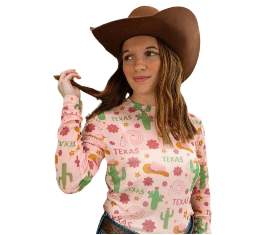 Pastel Texas Cactus Long Sleeve Mesh Top - Cowtown Bling N Things