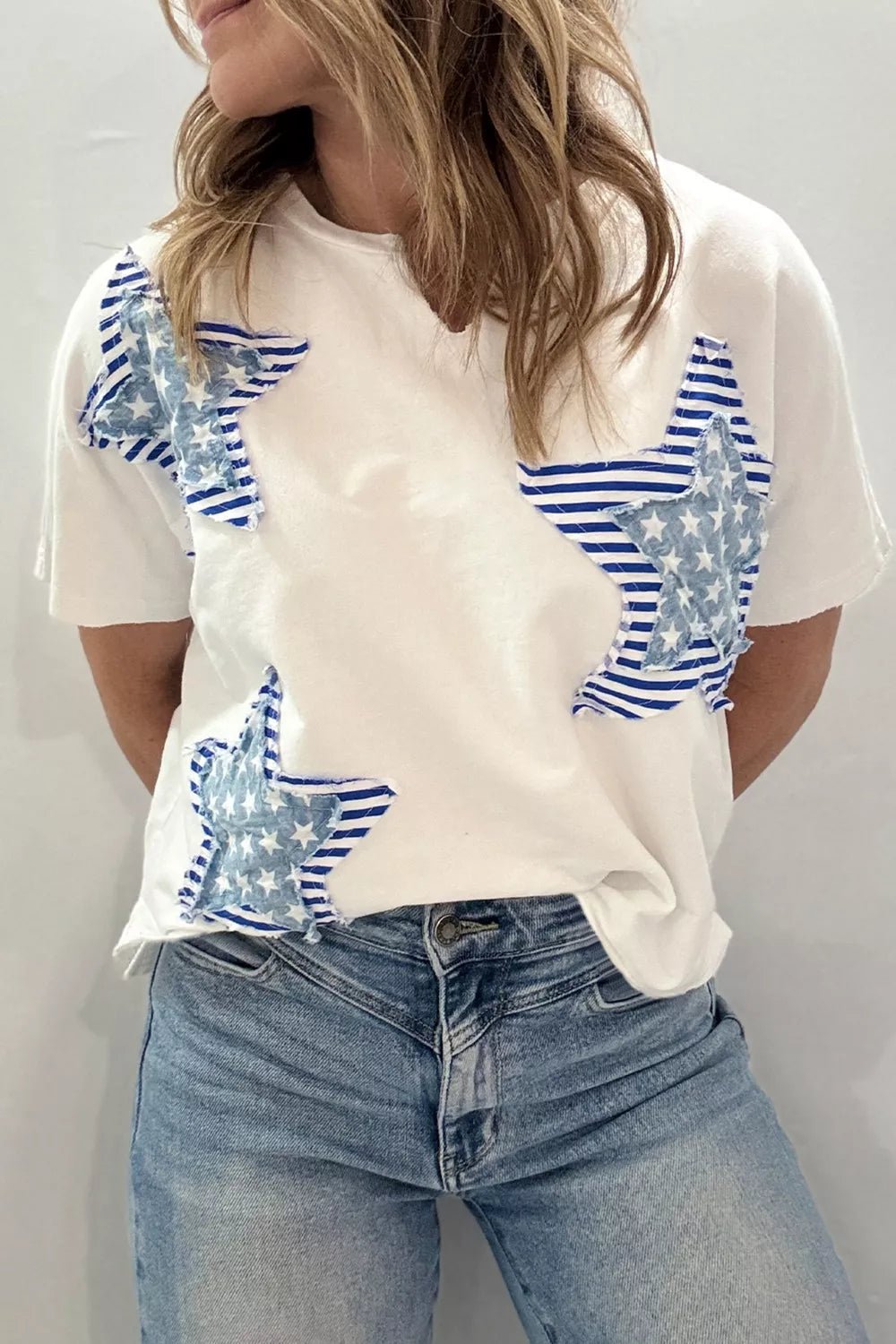 Patriot Star Patched Notched Neck Mineral Washed Tee - Cowtown Bling N Things