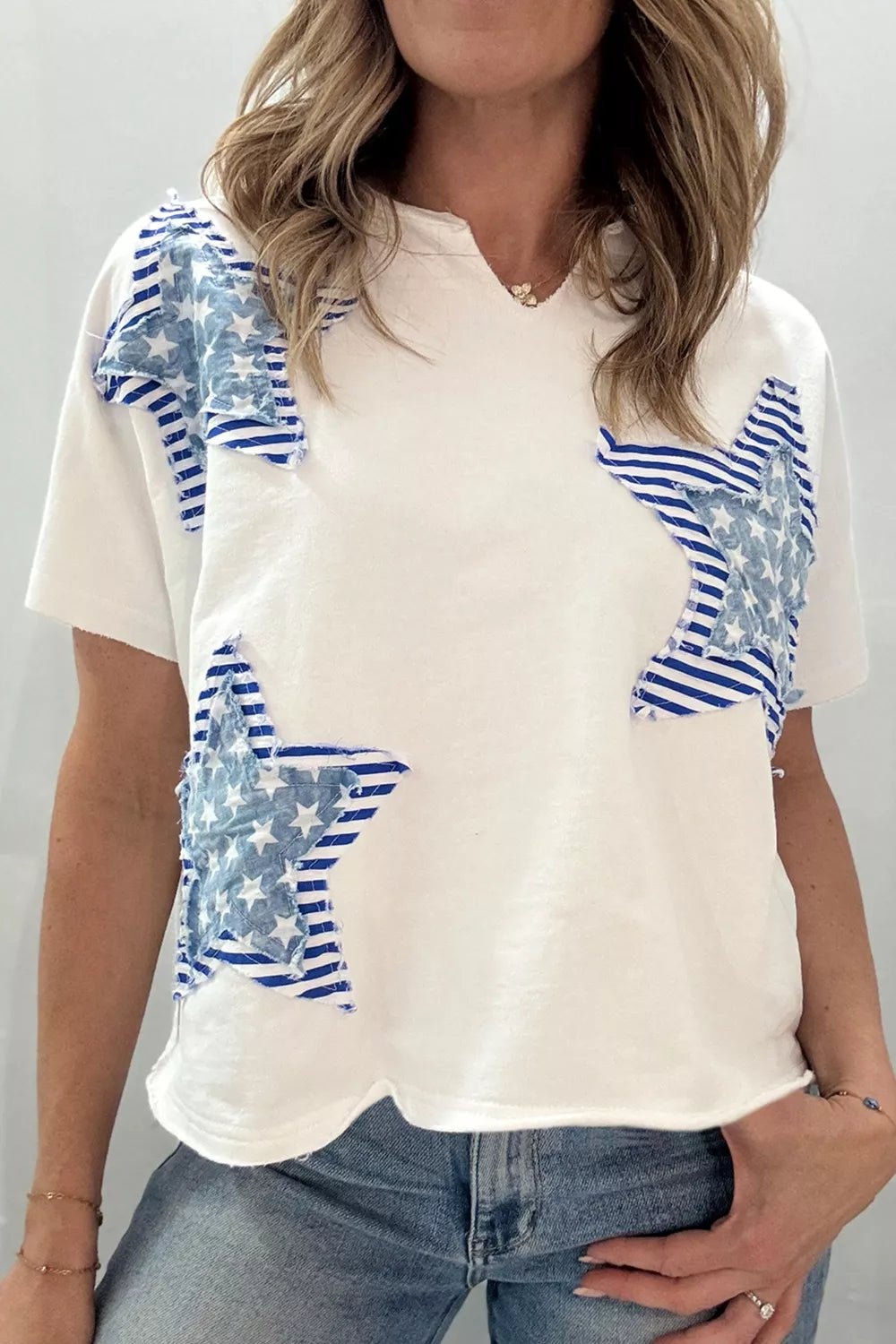 Patriot Star Patched Notched Neck Mineral Washed Tee - Cowtown Bling N Things