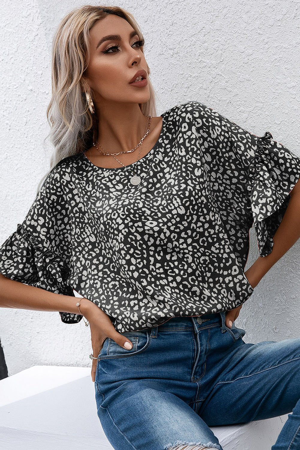 Pink Leopard Print Casual Flounce Sleeve Blouse b - Cowtown Bling N Things