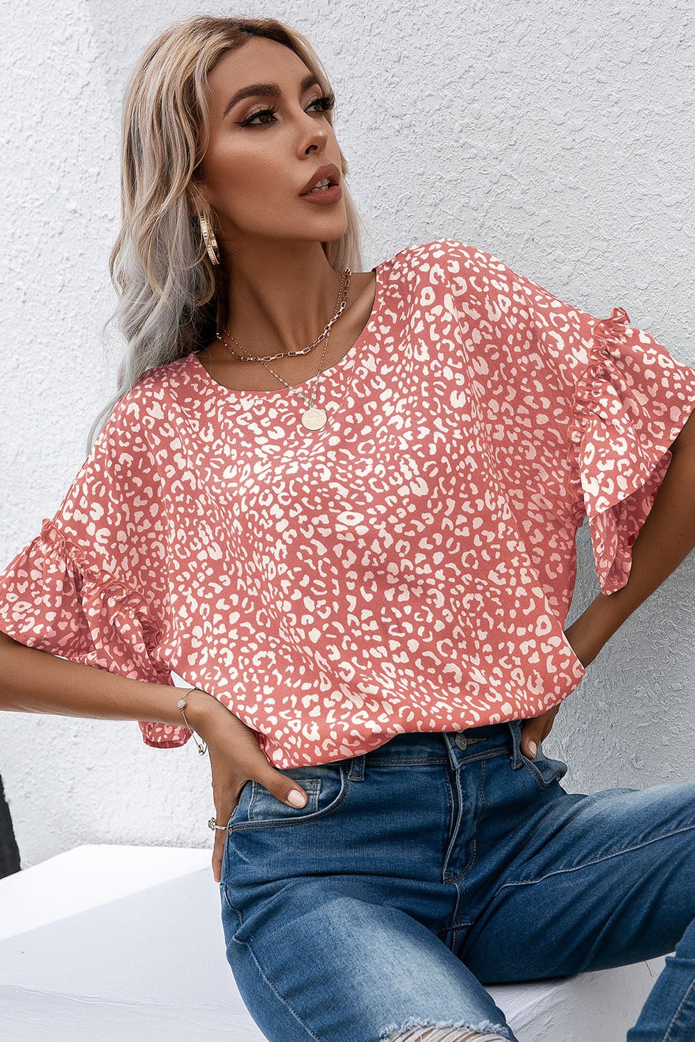 Pink Leopard Print Casual Flounce Sleeve Blouse b - Cowtown Bling N Things