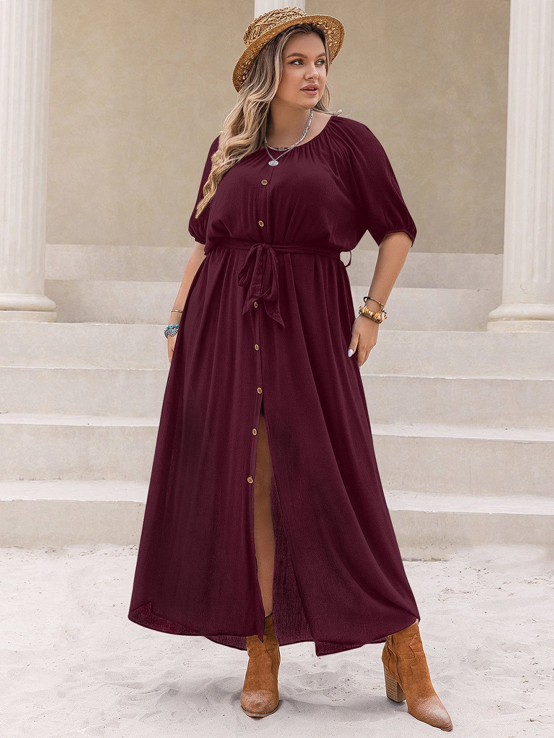 Plus Size Round Neck Half Sleeve Dress - Cowtown Bling N Things