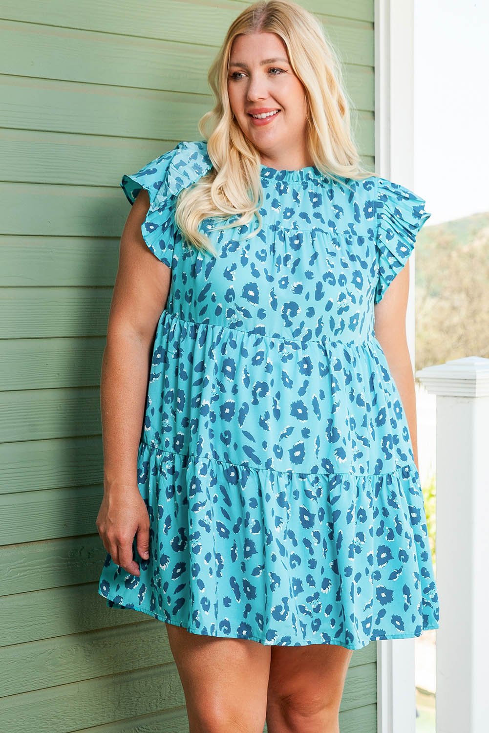 Plus Size Ruffled Leopard Cap Sleeve Mini Dress - Cowtown Bling N Things