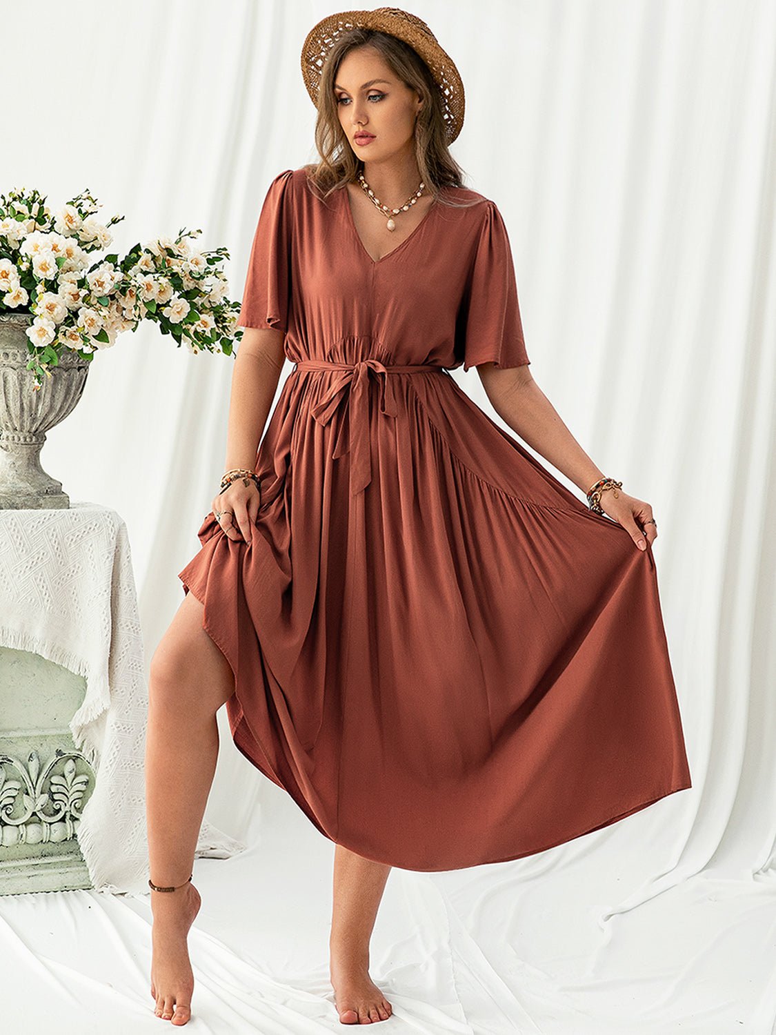 Plus Size V - Neck Flutter Sleeve Midi Dress - Cowtown Bling N Things