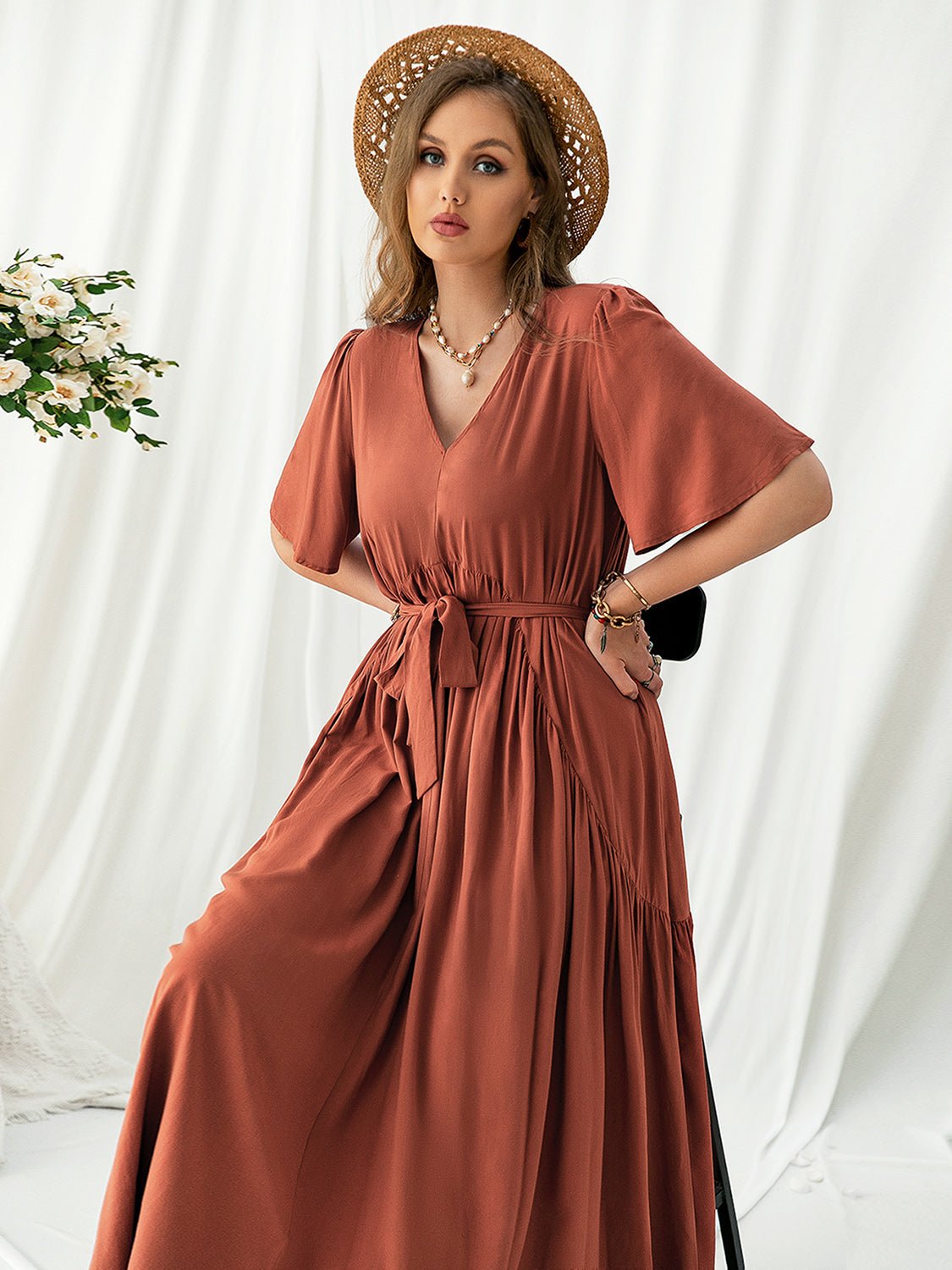 Plus Size V - Neck Flutter Sleeve Midi Dress - Cowtown Bling N Things