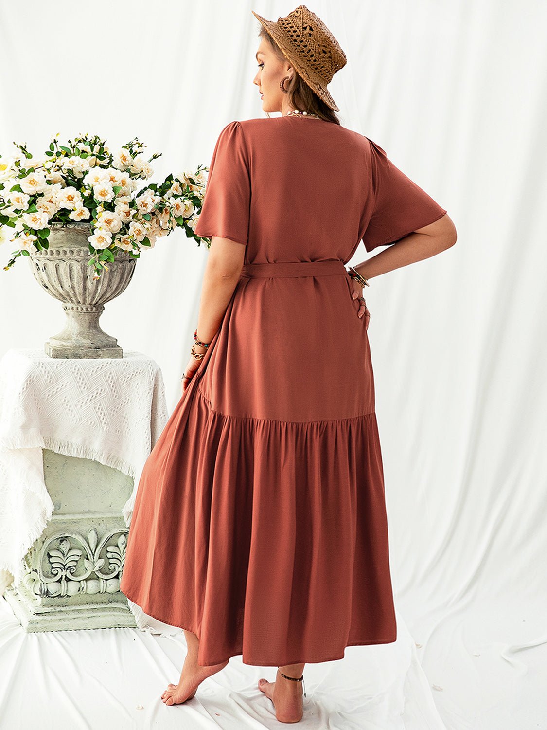 Plus Size V - Neck Flutter Sleeve Midi Dress - Cowtown Bling N Things