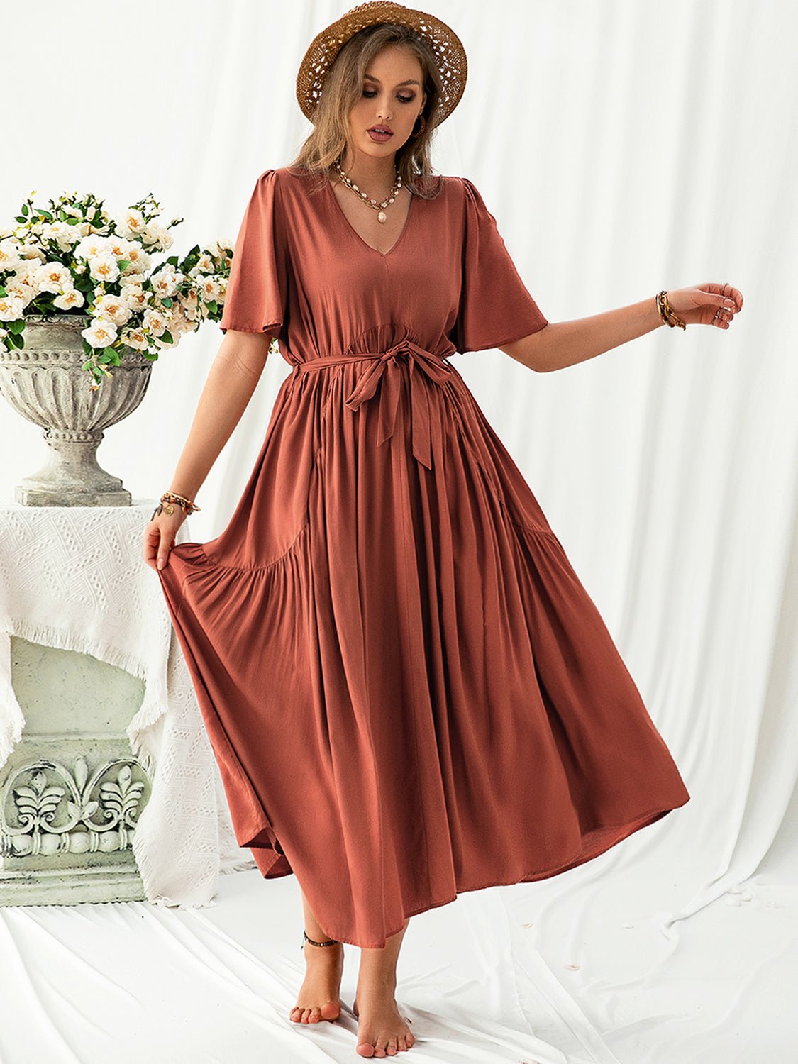 Plus Size V - Neck Flutter Sleeve Midi Dress - Cowtown Bling N Things