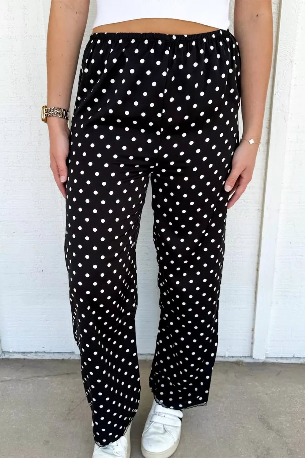 Polka Dot Print Elastic Waist Lace Hem Loose Pants - Cowtown Bling N Things
