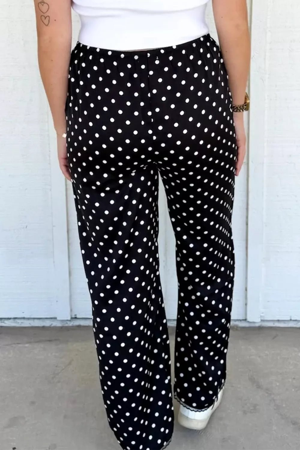 Polka Dot Print Elastic Waist Lace Hem Loose Pants - Cowtown Bling N Things