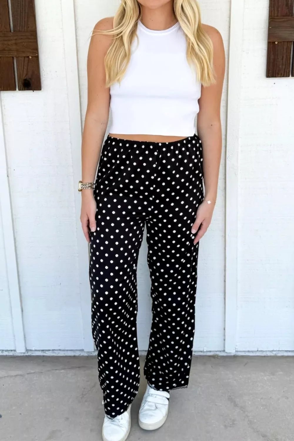 Polka Dot Print Elastic Waist Lace Hem Loose Pants - Cowtown Bling N Things