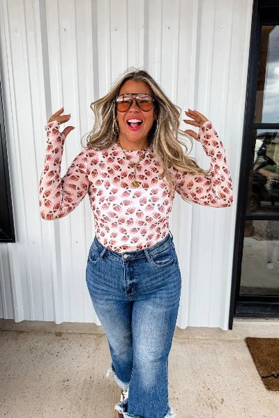PREORDER: Football Mesh Long Sleeve Top – Sheer, Stretchy, Layer - Friendly | Preorder Ends 8/26 - Cowtown Bling N Things