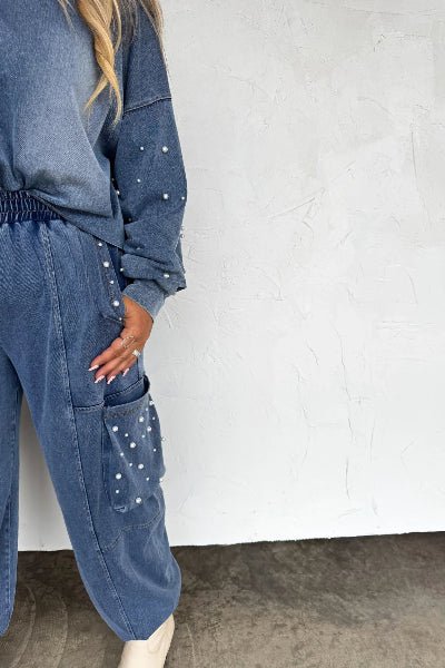 PREORDER: Friday Night Pearls Set – Stretchy Washed Denim, Cargo Joggers & Cropped Top | Preorder Ends 8/26 - Cowtown Bling N Things